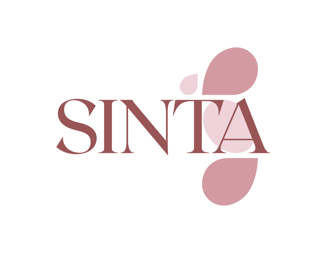 Stylized text reading SINTA with abstract petal shapes in muted pink around the right side.